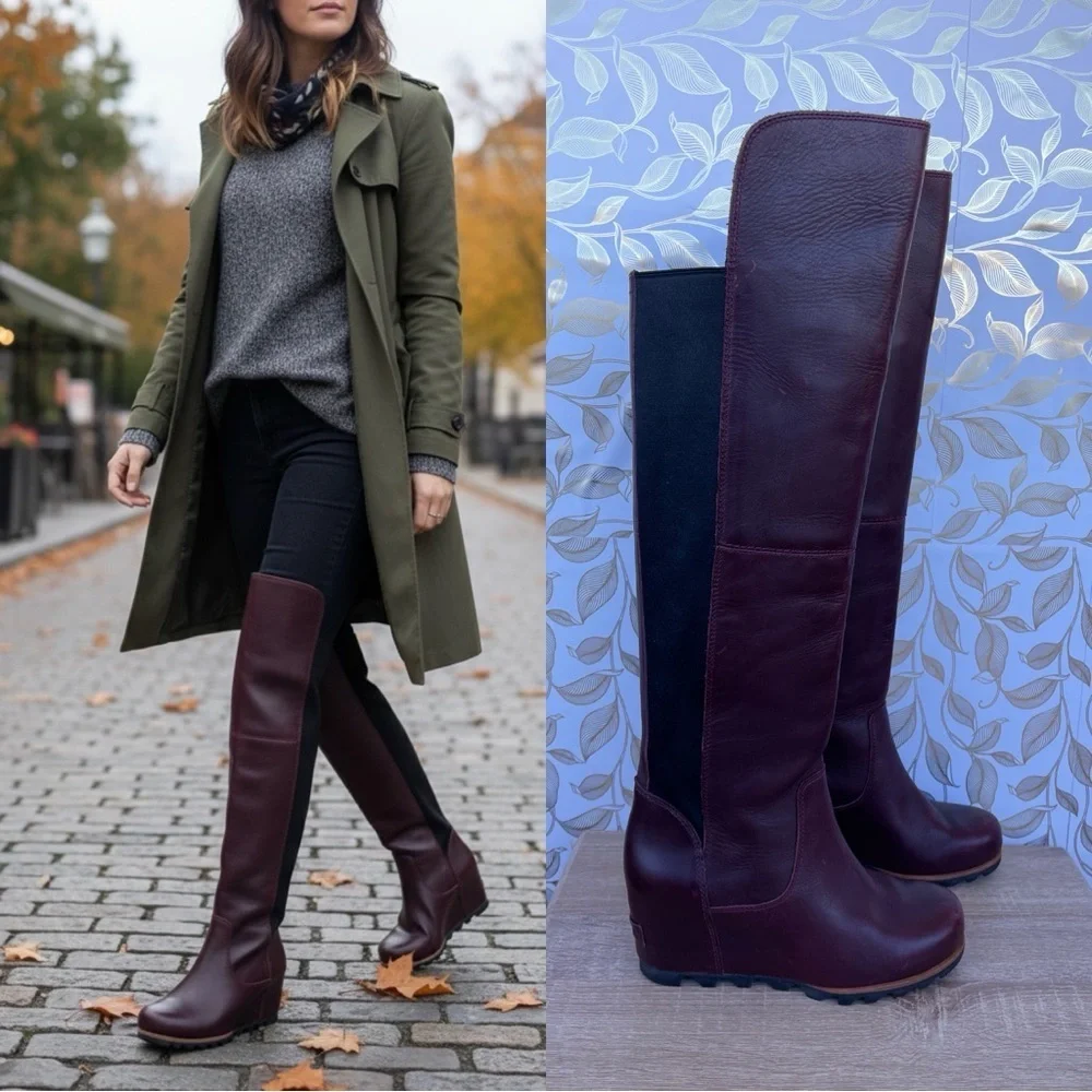 Sorel Fiona OTK Wedge Boots in Dark Burgundy Leather | Size 8.5
